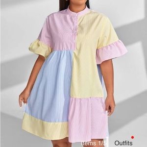 SHEIN Qutie Plus Striped Colorblock Flounce Sleeve Button Front Smock Dress